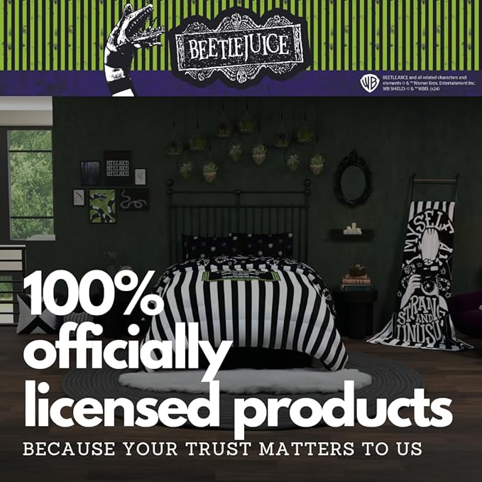 Franco Collectibles Beetlejuice Halloween Striped Bedding 5 Piece Super Soft Reversible Comforter and Sheet Set, Full, (Officially Licensed Product)