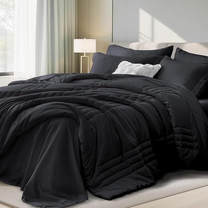 Full Comforter Set Black - Bed in a Bag Full Size 7 Pieces, Soft Bedding Set for All Seasons, Premium Comforter Set with Comforter, Sheets, Pillowcases & Shams