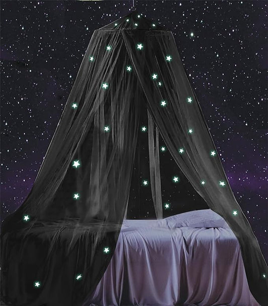 South to East Bed Canopy with Glowing Stars in The Dark, Black Bed Curtains for Kids Bed & Toddler Bed, Twin, Full & Queen, Mosquito Net Canopy for Adult Bedoom, Easy to Install