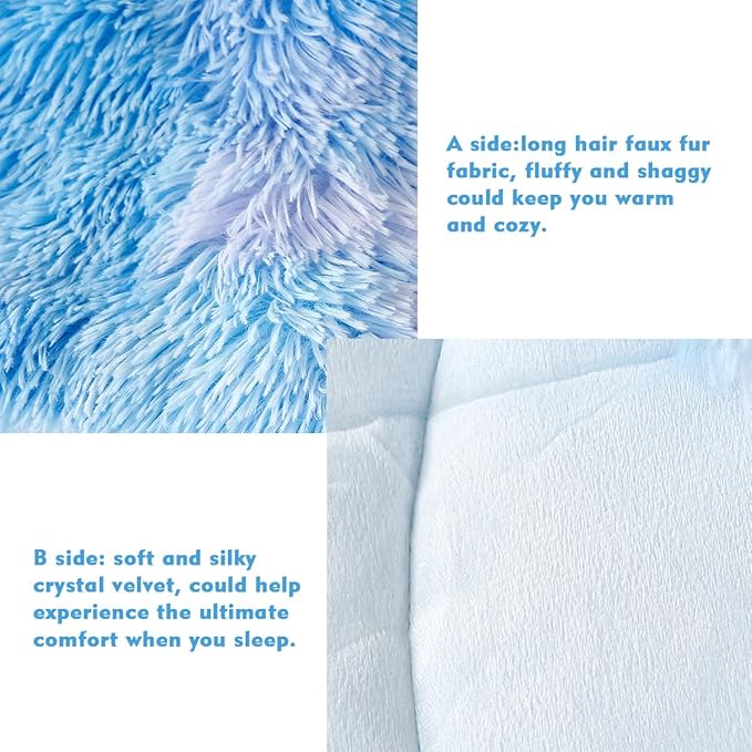 PERFEMET 3 Pcs Blue Plush Shaggy Comforter Queen Size Tie Dye Long Faux Fur Rainbow Bedding Set for Girls Ultra Soft Warm Fluffy Furry Bed Sets(Blue, Queen)
