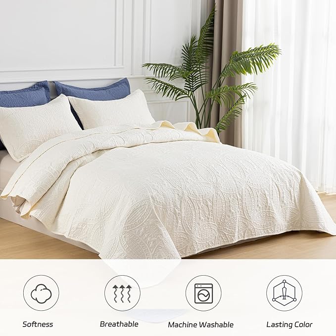 SheRest Twin Quilt Bedding Set - Soft Breathable Bed Quilt, Modern Style Embossed Bedspreads, Lightweight Microfiber Reversible Coverlet for All Seasons, Cream, 1 Quilt&1 Pillow Sham
