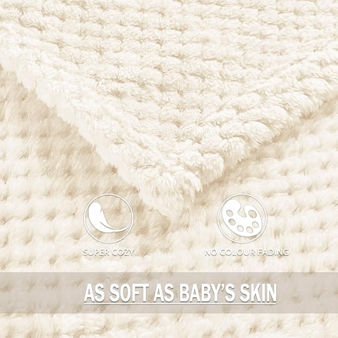Exclusivo Mezcla Fleece Bed Blanket King Size, Super Soft and Warm Blankets for Couch, Sofa and Bed Waffle Textured, Cozy, Fuzzy and Lightweight (Off White, 90x104 Inches)