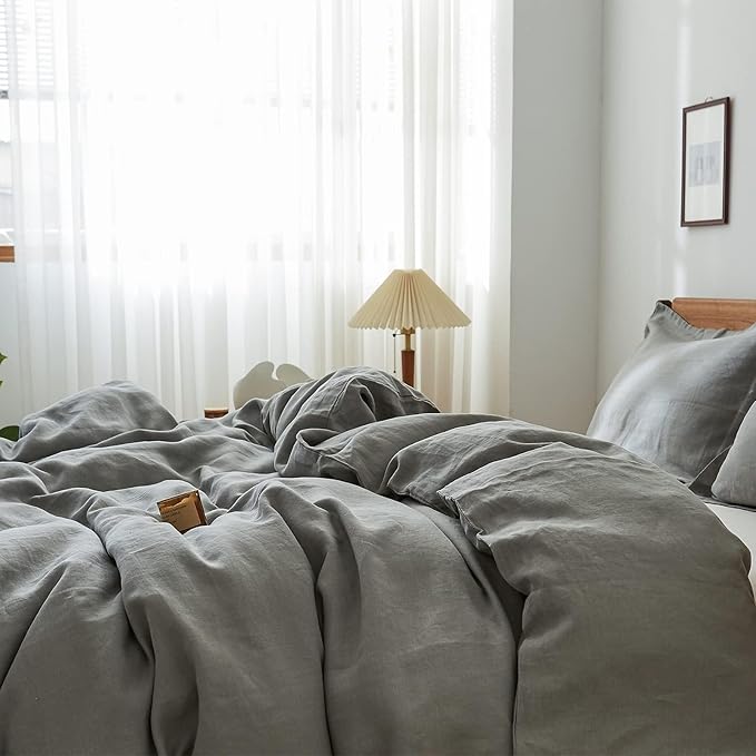 Simple&Opulence 100% Linen Duvet Cover Set 2pcs Natural French Basic Style Washed Flax Solid Color Breathable Soft Farmhouse Bedding with Button Closure (Ultimate Grey, Twin)