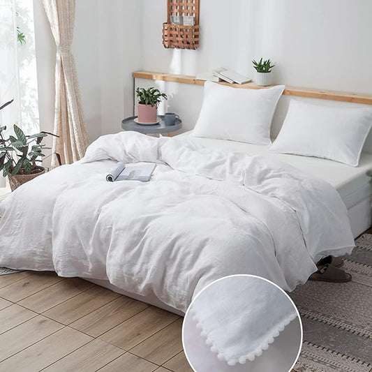 Simple&Opulence 100% Washed Linen Duvet Cover with Pom Pom Trim, Natural French Flax Bedding Set Soft Breathable,1 Farmhouse Boho Comforter Cover and 2 Pillow Shams(Queen,Pure White)