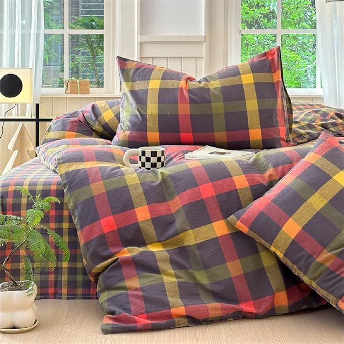 LifeTB Plaid Checkered Comforter Set King 3 Pieces Grid Gingham Bedding Comforter with 2 Pillowcases Farmhouse Lightweight Bedding Fluffy Multicolor Grid Bed Comforter Set King Size for All Season