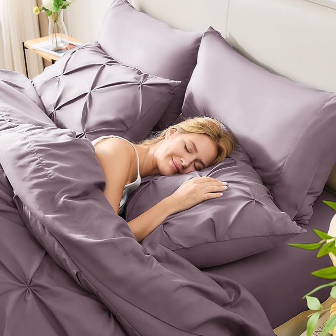 King Comforter Set Dusty Purple, 7 Pieces Pintuck Bed in A Bag King Size Bedding, Soft Bed Set All Season Pinch Pleat Comforter Set with Sheets, Pillowcases & Shams