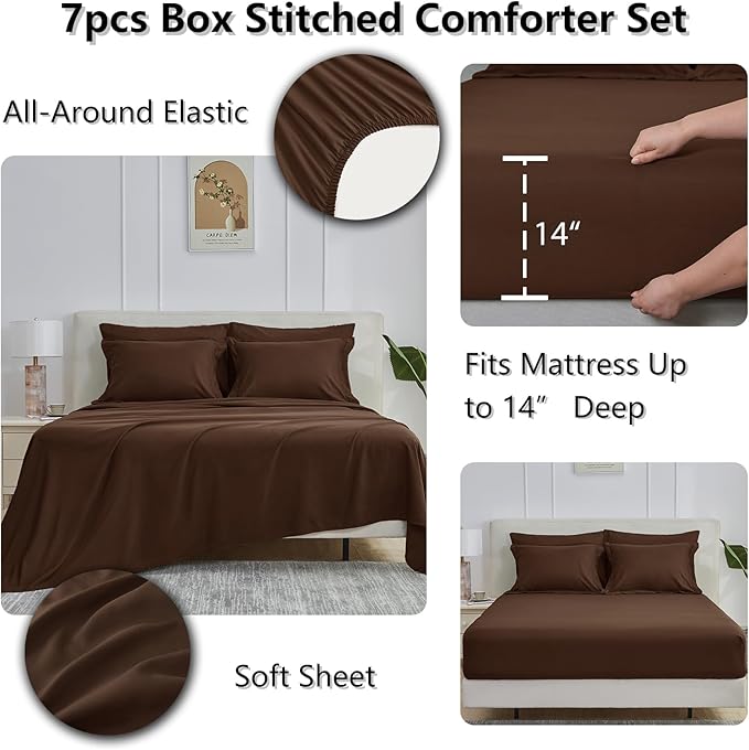 CozyLux Queen Comforter Set Brown - 7 Pieces Bed in a Bag Queen, All Season Breathable Bedding Sets, Oeko-Tex Certified Bed Set with Down Alternative Comforter, Sheets, Pillowcases & Pillow Shams