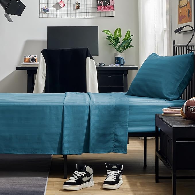 SLEEP ZONE Striped Cooling Twin Sheets Set for Kids - Fitted Flat Sheet & Pillowcase Sets 3 Piece - Super Soft Stripe Bed Sheet, Easy Care, Deep Pocket (Teal, Twin)