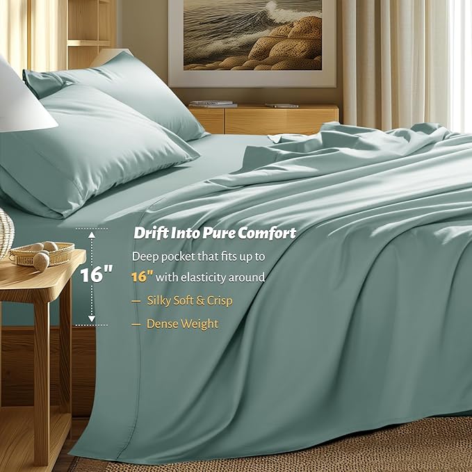 Shilucheng 100% Egyptian Cotton King Size Sheets Set - 1000 Thread Count，Luxury Cotton Bed Sheets，Breathable & Cooling Bedding and Pillow Cases, 16 Inch Deep Pocket - 6 Piece (Sea Glass, King)