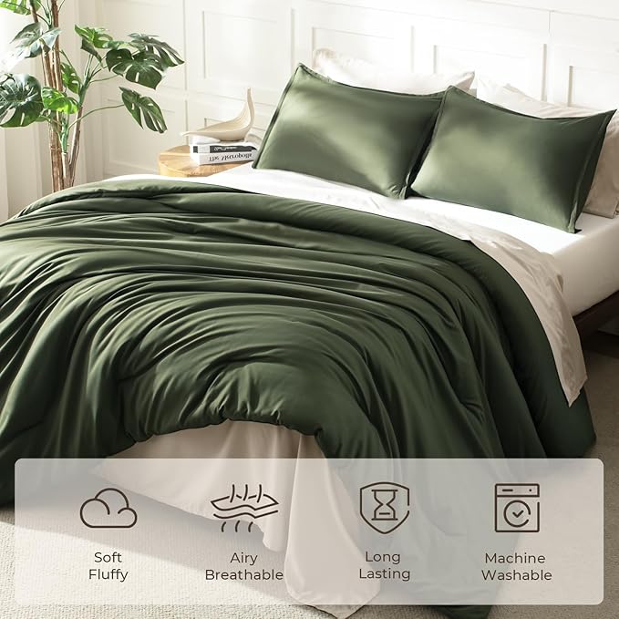 Litanika Comforters Twin XL Size Olive Green, 2 Pieces Lightweight Solid Bedding Set & Collections, All Season Fluffy Bed Set (68x92 Inches Comforter & 1 Pillowcase)