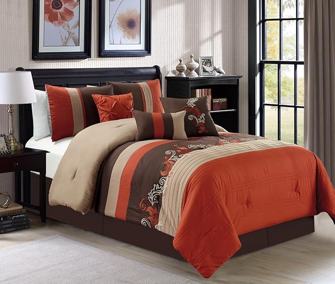 Chezmoi Collection Napa 7-Piece Luxury Autumn Leaves Scroll Embroidery Bedding Comforter Set (Full, Rust Orange/Brown/Taupe)