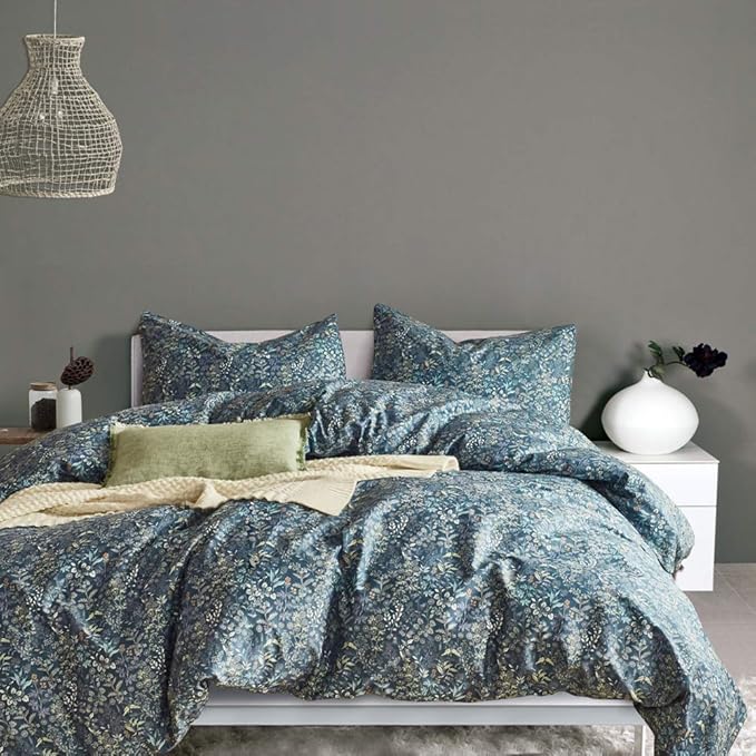 mixinni Blue Floral Duvet Cover King Size Cotton Flowers Pattern King Bedding Set Garden Style Comforter Cover Set with Zipper Closure-Luxury Quality Soft Durable Easy Care (3pcs, King Size)