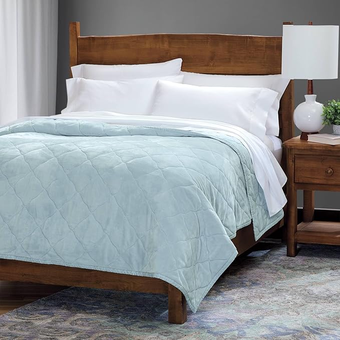 Cuddledown Reversible Sateen & Fleece Blanket | Ultra-Soft & Smooth | Polyfleece & 100% Cotton Sateen | Oeko-TEX Certified | 72" x 90" | Twin Size | Sea Glass