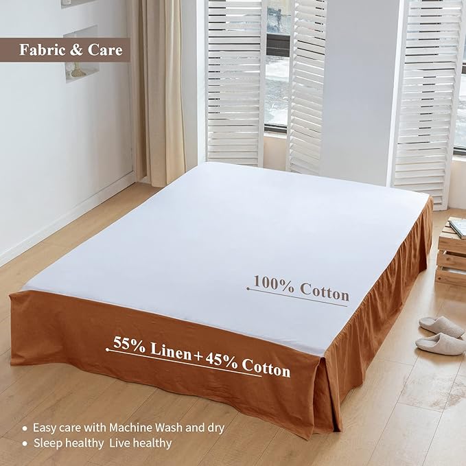 BISELINA French Linen Bed Skirt with Pleated Corner 14-Inch Tailored Drop Natural Flax Cotton Blend Basic Dust Ruffle Soft Cozy Farmhouse Bedding (14" Queen, Basic Rust)