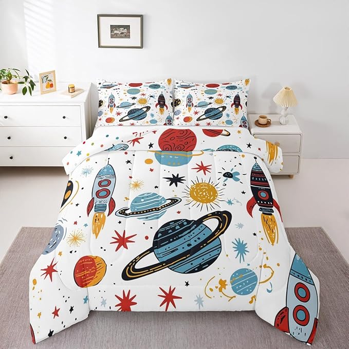 Erosebridal Outer Space Bedding Set King Size Kids Boys Space Ship Rocket Comforter Set Cartoon Universe Stars Planet Down Comforter Cosmos Meteorite Quilt Duvet Set with 2 Pillow Cases