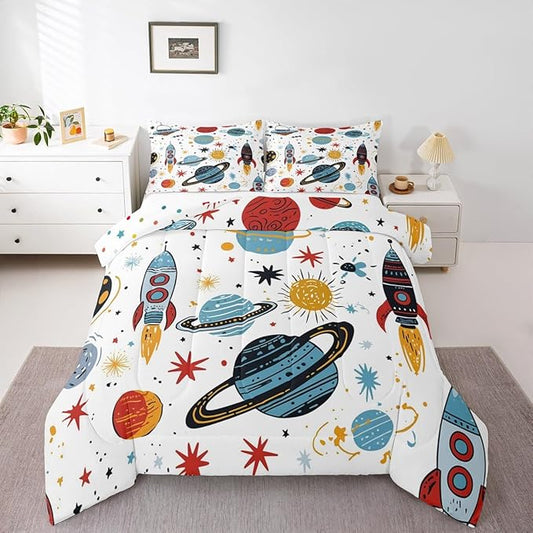 Erosebridal Outer Space Bedding Set King Size Kids Boys Space Ship Rocket Comforter Set Cartoon Universe Stars Planet Down Comforter Cosmos Meteorite Quilt Duvet Set with 2 Pillow Cases