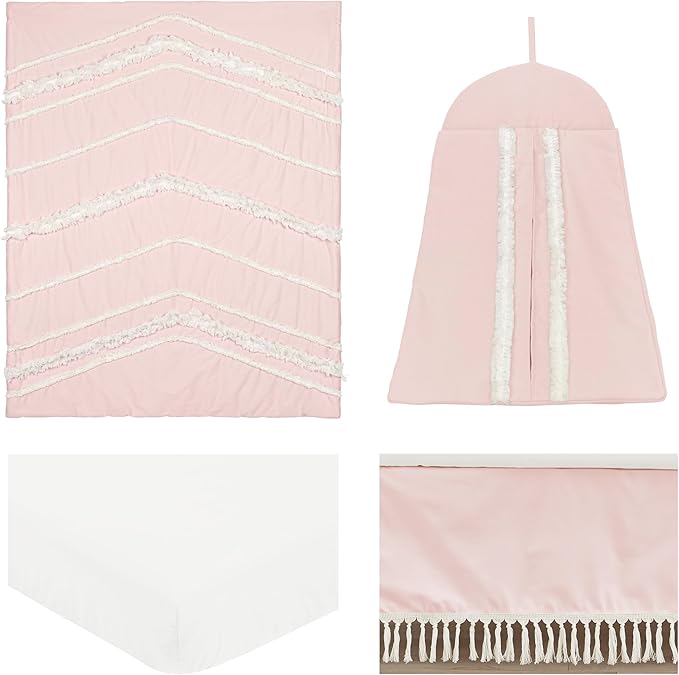 Sweet Jojo Designs Blush Pink Bohemian Boho Chic Girl Baby Crib Bedding Set Infant Nursery Room Blanket Fitted Sheet Skirt Diaper Stacker 4p Farmhouse Shabby Designer Elegant Geometric Textured Trim