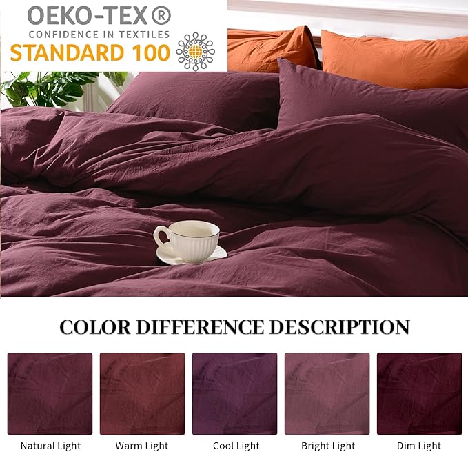 NEXHOME PRO Duvet Cover Set 100% Washed Cotton California Kingn 104"x98", Organic Natural Linen Look Textured 3 Pieces Bedding Set Burgundy Dark Red with Zipper Closure, Breathable (No Comforter)