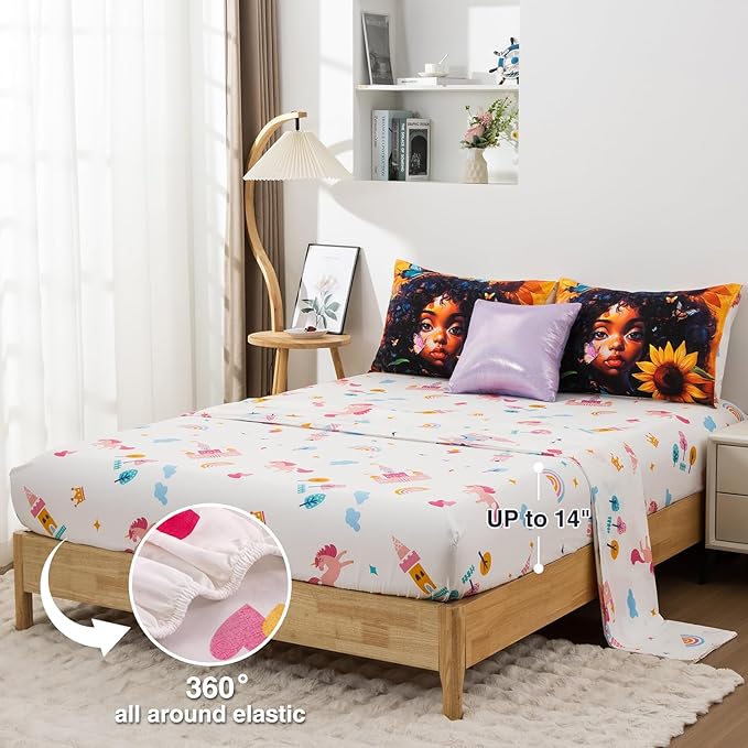 A Nice Night 6pcs Comforter Sets,Black Girl with Butterfly Flying Printed, Sunflower Flowering Shrubs Background Kids Bedding Set,Twin
