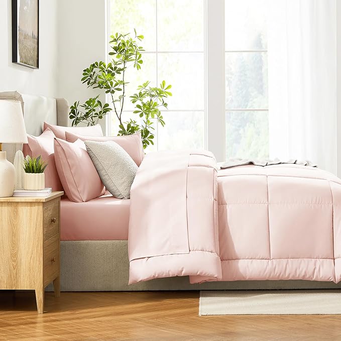CozyLux Oversized King Comforter Sets Blush Pink, 7 Pieces Bed in a Bag, Ultra-Soft All Season Bedding Sets with Stitch Quilted Comforter, Flat Sheet, Fitted Sheet, Pillowcases, Blush Pink