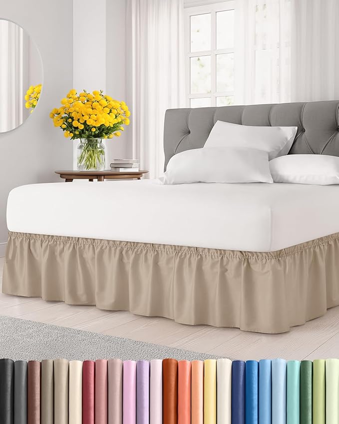 Wrap Around Dust Ruffle Bed Skirt - Cream - for King Size Beds with 24 Inch Drop - Easy Fit Elastic Strap - Adjustable Pleated Bedskirt w/Brushed Fabric - Wrinkle Free - for Women, Men, Kids & Teens