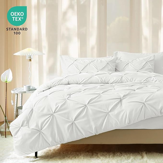 JOLLYVOGUE Queen Comforter Set 7 Pieces - Bed in a Bag Queen for All Season, Pintuck Bedding Comforter Sets with Comforter, Flat Sheet, Fitted Sheet and Pillowcases & Shams, White