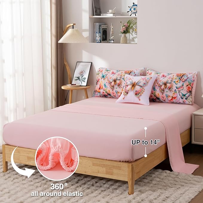 A Nice Night Full 6pcs Bed in A Bag Pink and Blue 3D Various Butterfly Printed, Butterflies Flying in Flower Design Bedding Full Comforter Set, for Girls Kids Teens