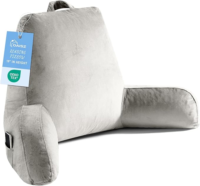 Reading Pillow for Sitting in Bed Adult, Reading Pillow with Shredded Memory Foam, Bed Pillow with Washable Cover, Back Pillow Sitting Up with Extend Arms, Light Gery, X-Large