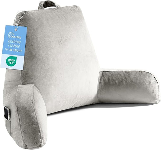 Reading Pillow for Sitting in Bed Adult, Reading Pillow with Shredded Memory Foam, Bed Pillow with Washable Cover, Back Pillow Sitting Up with Extend Arms, Light Gery, X-Large