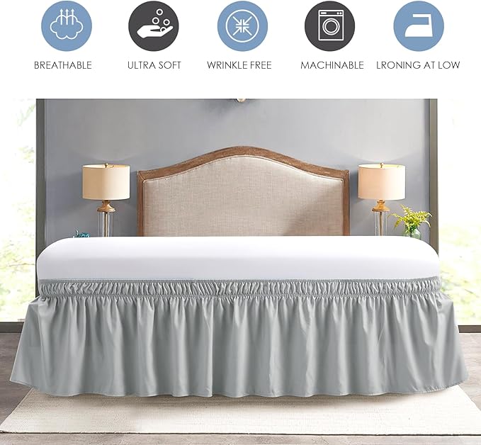 FreshCulture King Bed Skirt, Dust Ruffle for King Size Bed, Easy Fit with 22-Inch Tailored Drop, Elastic Wrap Around Bed Skirt King Size, Hotel Quality Bed Skirts for Adjustable Bed (Light Grey)