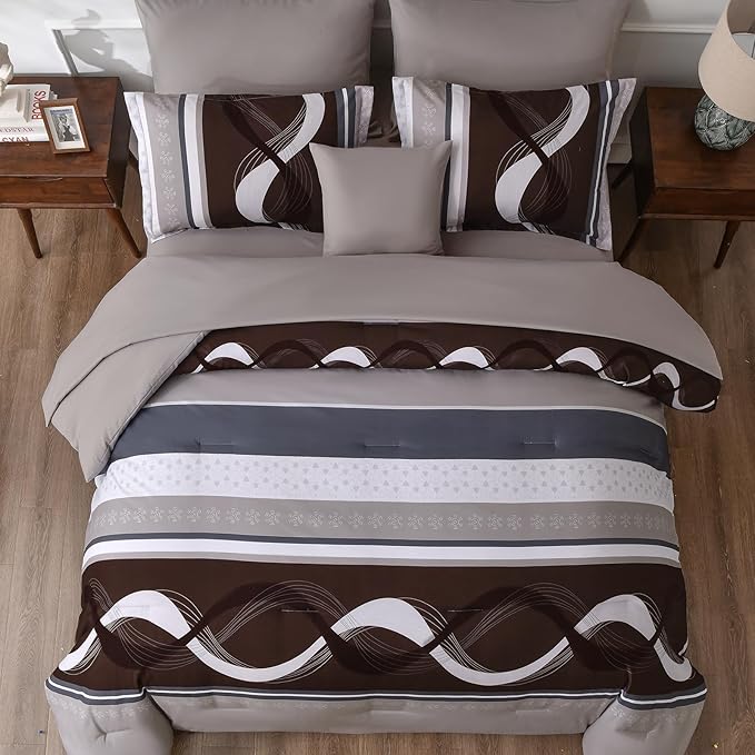 Anibedding Striped Comforter Set Queen Size,8 Pieces Bed in a Bag Beige and Brown Patchwork Bedding Sets,Boho Soft Microfiber Bedding Set for All Season(90"×90")