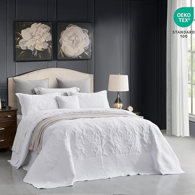 CHIXIN Bedspread Coverlet Quilt Set Full Size - Lightweight Bedding Cover - Beautiful Stitching - 5 Piece Reversible Bedspread - Gorgeous Damask Paisley Pattern (Full, Pure White)