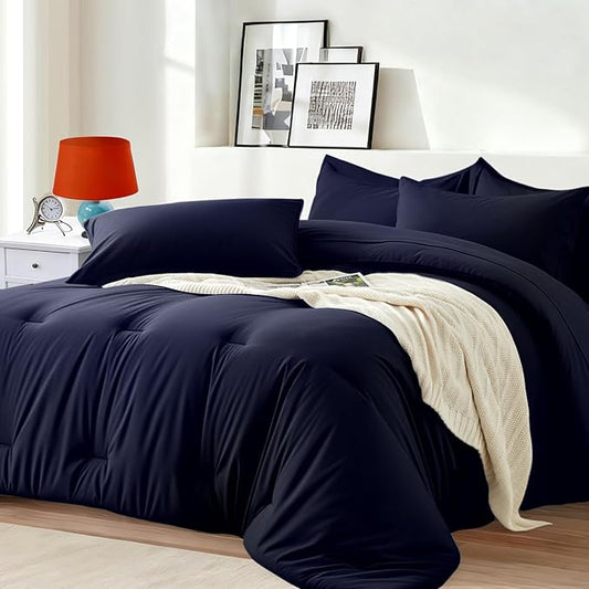 California King Comforter Set 7 Pieces - Ultra-Soft Bed in a Bag, Cozy Luxury All Season Bedding Sets with Comforter, Flat Sheet, Fitted Sheet, 2 Pillow Shams & 2 Pillowcases, Navy Blue