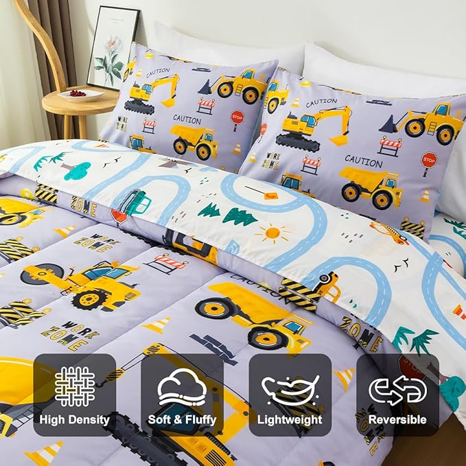 Holawakaka Construction Truck 5-Piece Full Bed-in-A-Bag Set, Boys Comforter & Sheet Set with Excavator & Tractor Print, Kids Bedding Collection, Machine Washable, Gift for Kids