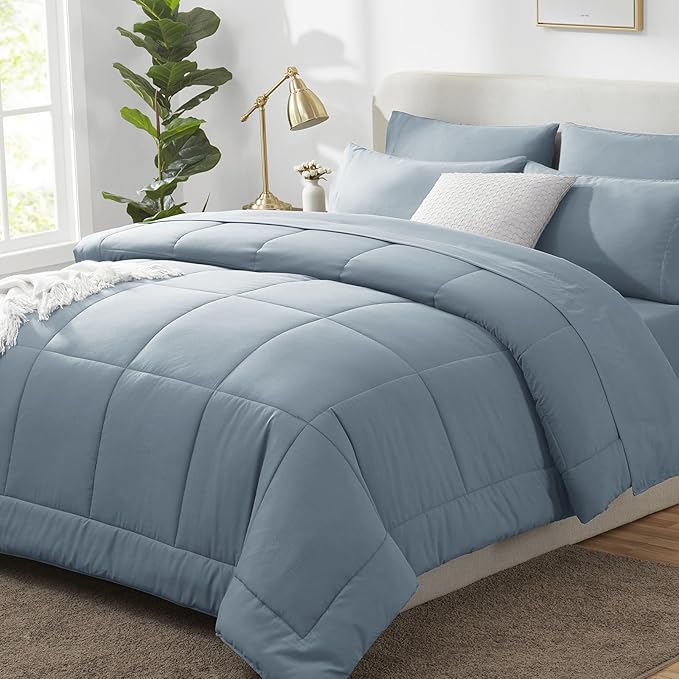 CozyLux Oversized Queen Comforter Sets Dusty Blue, 7 Pieces Bed in a Bag, Ultra-Soft All Season Bedding Sets with Stitch Quilted Comforter, Flat Sheet, Fitted Sheet, Pillowcases, Grayish Blue