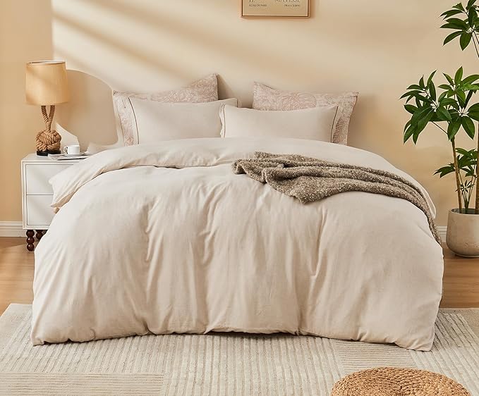 SLEEPBELLA Linen Duvet Cover Set Queen Size-1 Duvet Cover with 2 Pillow Shams with Button Closure Soft Breathable Farmhouse