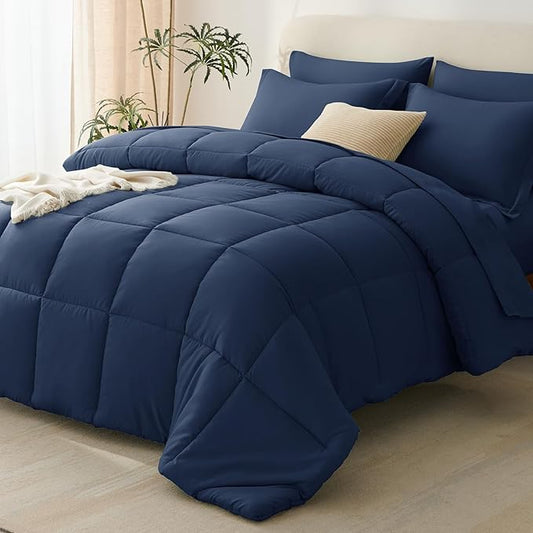 CozyLux Queen Comforter Set Navy Blue - 7 Pieces Bed in a Bag Queen, All Season Breathable Bedding Sets, Oeko-Tex Certified Bed Set with Down Alternative Comforter, Sheets, Pillowcases & Pillow Shams