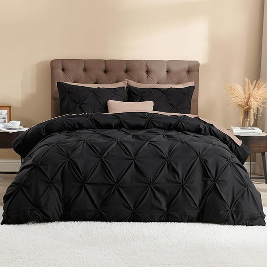 Litanika Black Oversized King Pinch Pleat Duvet Cover, 3 Pieces Pintuck Cover Soft Microfiber Bedding Set with Zipper Closure & Corner Ties(1 Duvet Cover, 2 Pillowcases)