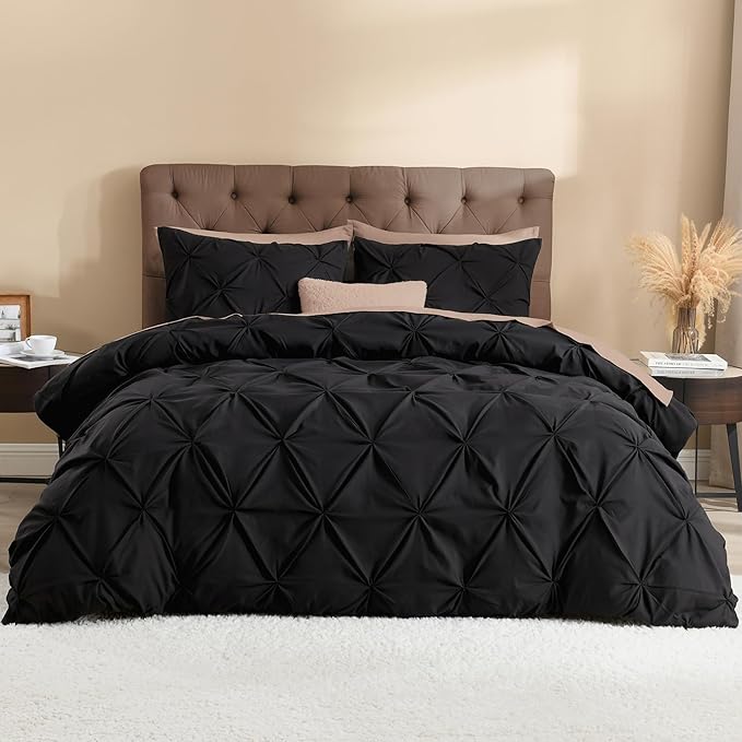 Litanika Black Pinch Pleat Duvet Cover Full (79x90Inch), 3-Piece Luxurious Pintuck Bedding Set, Soft Microfiber with Zipper Closure & Corner Ties