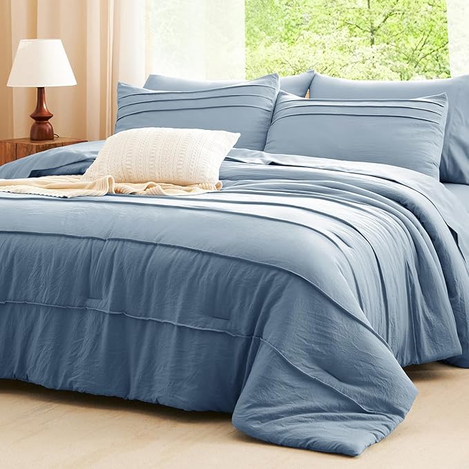 CozyLux California King Comforter Set Grayish Blue, 7 Pieces Pinch Pleat Bed in a Bag Cal King Comforter Set with Sheets, Bed Set with Down Alternative Comforter, Sheets, Pillowcases & Shams