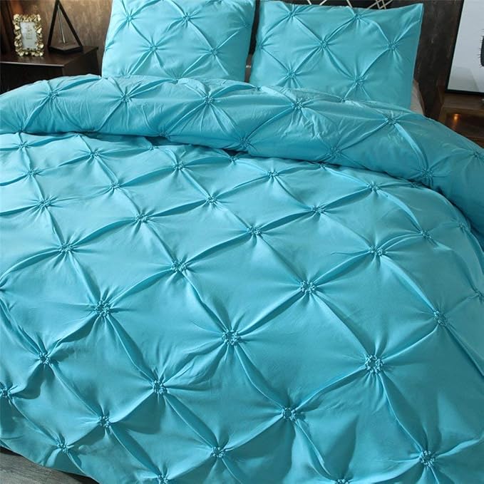 Feelyou Bedding Pinch Pleated Duvet Cover Set Twin Aqua Blue Pintuck Tufted Design Microfiber Polyester Bedding Sets Luxury Comforter Cover with 1 Pillow Shams, 2 Pieces