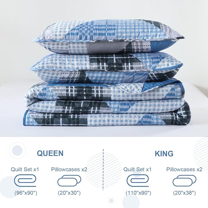 Annibedding Blue Quilt Set King Size, 3 Pieces Geometric Bedspread Plaid Patchwork Bedding Set for All Season, Soft Lightweight Bedspread with Wave Quilting (King, 110“x90)