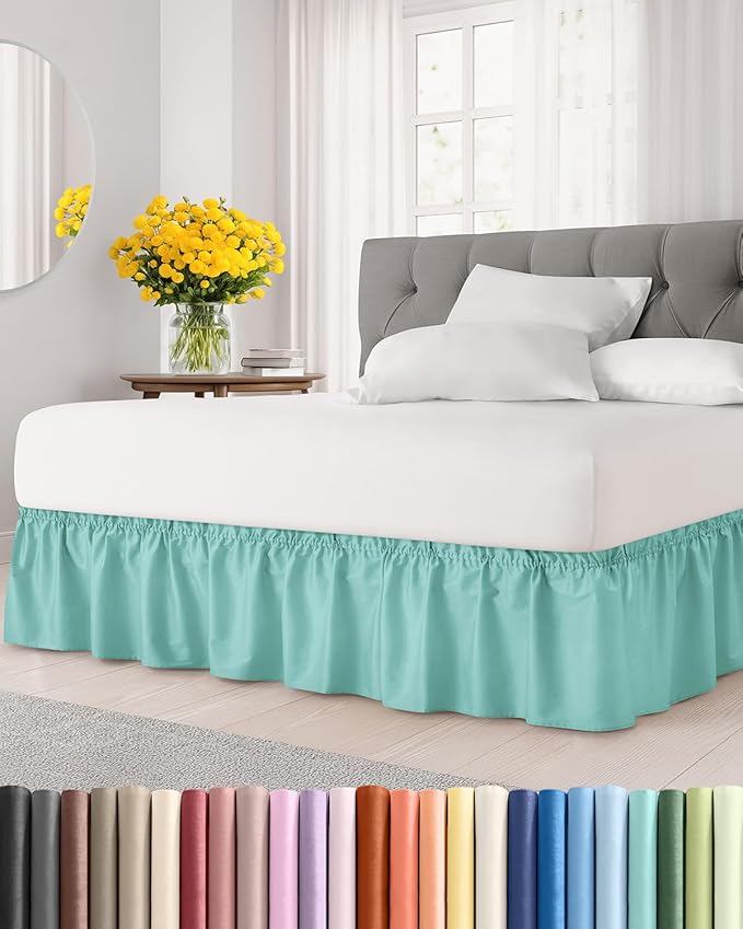 Wrap Around Dust Ruffle Bed Skirt - Spa Blue - Twin/Twin XL Size Beds with 15 Inch Drop - Easy Fit Elastic Strap - Adjustable Pleated Bedskirt w/Brushed Fabric Wrinkle Free - Women, Men, Kids & Teens