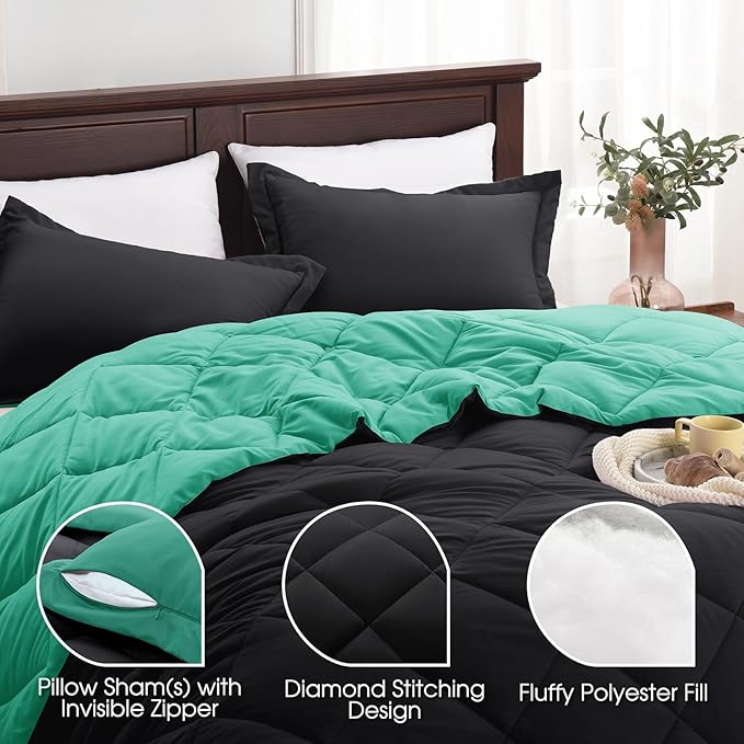 Basic Beyond King Size Comforter Set - Reversible All Seasons, Green/Black Mint Leaf, 1 King Comforter (104"x92") and 2 Pillow Shams (20"x36+")