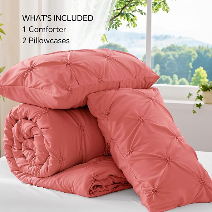 BEDELITE Coral Queen Comforter Set - 3 Pieces Boho Pintuck Bedding Comforter Sets, Lightweight Soft & Warm Bed Comforter Queen with 2 Pillowcases for All Season