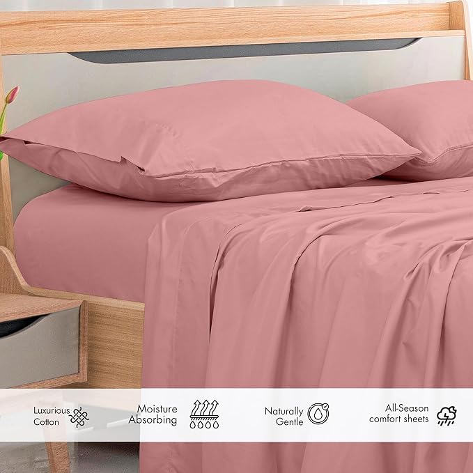 Royale Linens 300 Thread Count 100% Long Staple Combed Cotton Flat Sheet - Super Soft - Top Sheets - Twin Flat Sheet Sold Separately - Breathable, Cool & Crisp Percale Sheets Only (Twin, Pink)