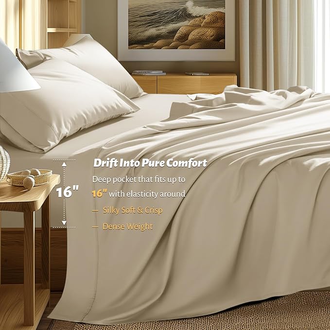 Shilucheng 100% Egyptian Cotton King Size Sheets Set - 1000 Thread Count，Luxury Cotton Bed Sheets，Breathable & Cooling Bedding and Pillow Cases, 16 Inch Deep Pocket - 6 Piece (Linen, King)