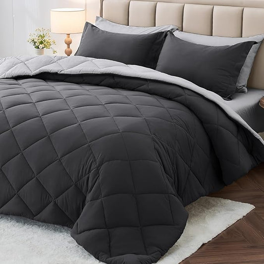 MUXHOMO 7 Pieces Queen Comforter Set, Reversible Bed in a Bag Queen Size, All Season Bedding Set with Comforter, Flat Sheet, Fitted Sheet, Pillowcases & Shams, Dark Grey & Light Grey