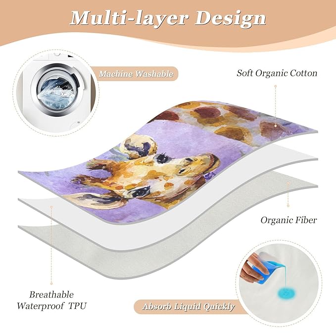 Waterproof Bed Pad Reusable Changing Pad Toddler Mattress Protector Large Pee Pad Baby Diaper Pad Soft Washable Liner Watercolor Giraffe Daisy Purple
