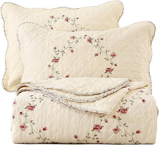 vctops 3-Piece Floral Embroidered Bedspread Coverlet Set Twin Size 100% Cotton Reversible Patchwork 1 Quilt and 2 Pillow Shams (Flower,Twin)